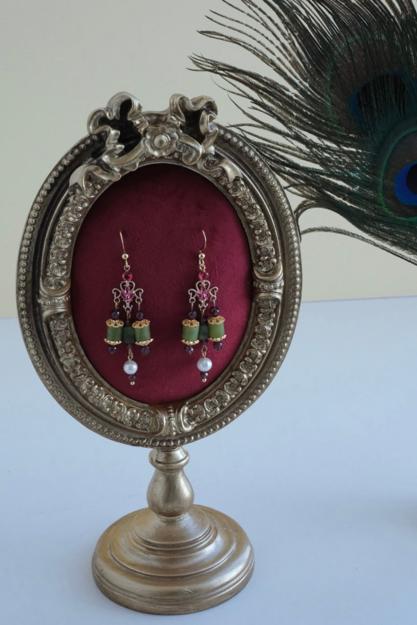 Ornate Jade & Garnet Drop Earrings