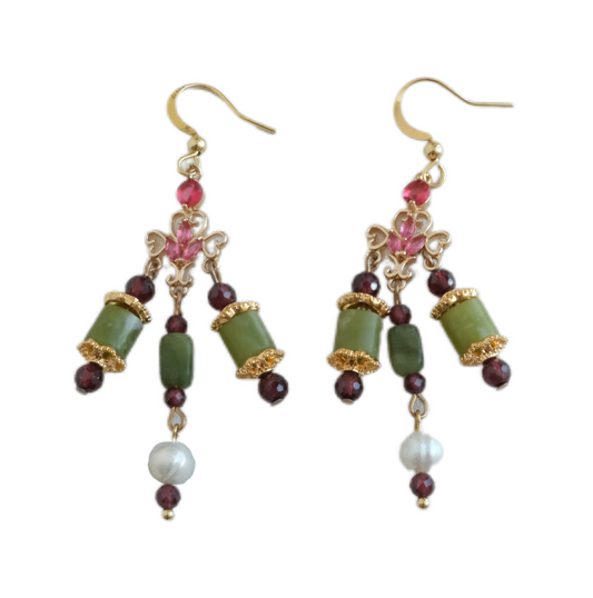 Ornate Jade & Garnet Drop Earrings